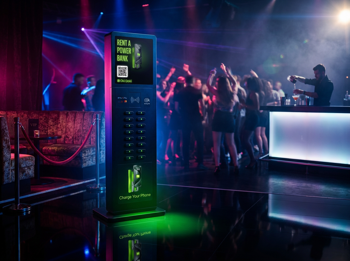 FlyTrap floor-standing charging station deployed beside a VIP section in a high-end nightclub