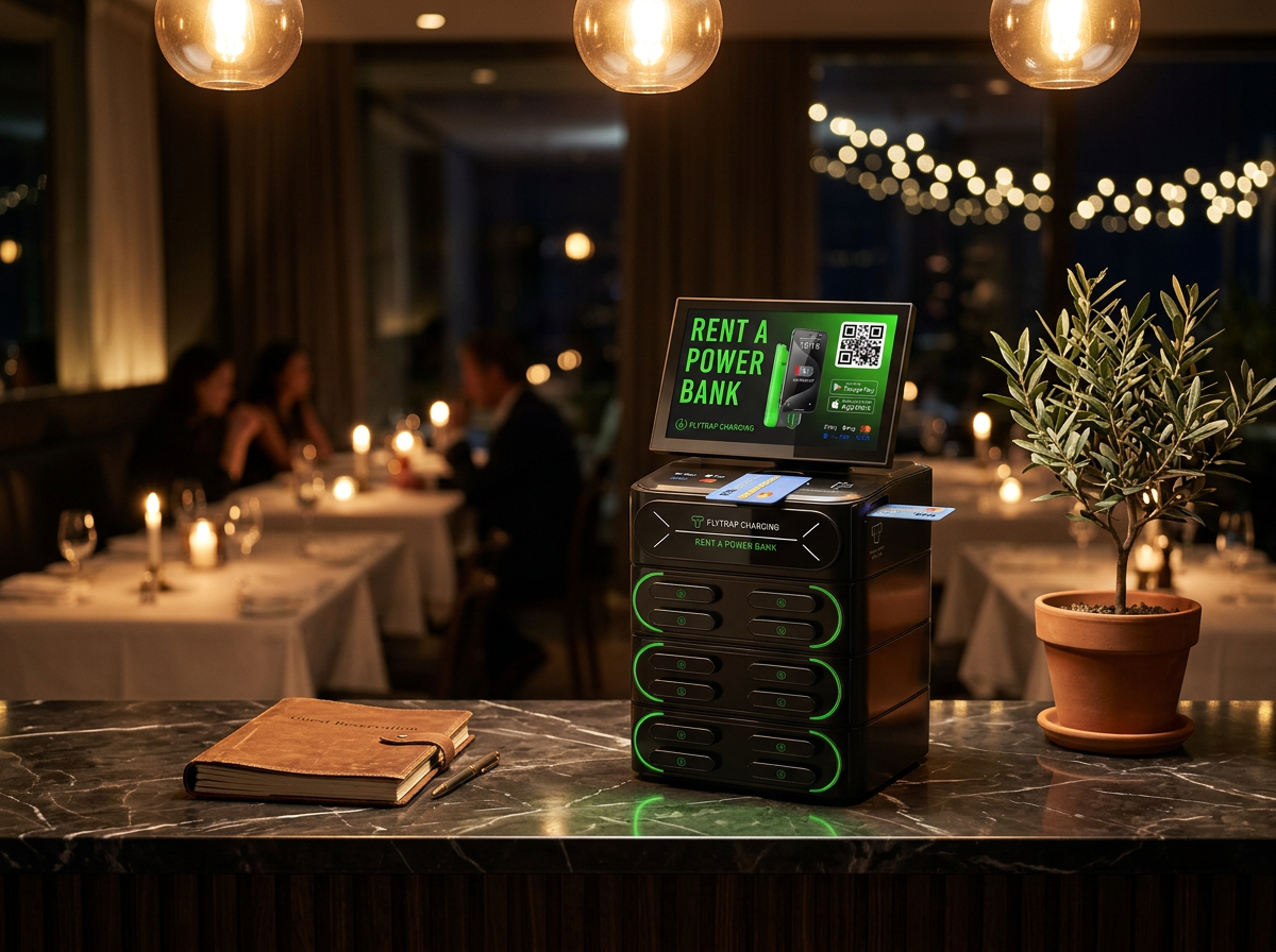 FlyTrap countertop charging station placed on the hostess stand of an upscale restaurant